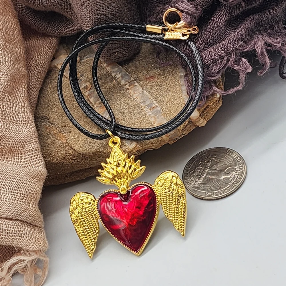 Boho Gold Pendant Heart Wings Spiritua Necklace Frida Khalo Red Heart
